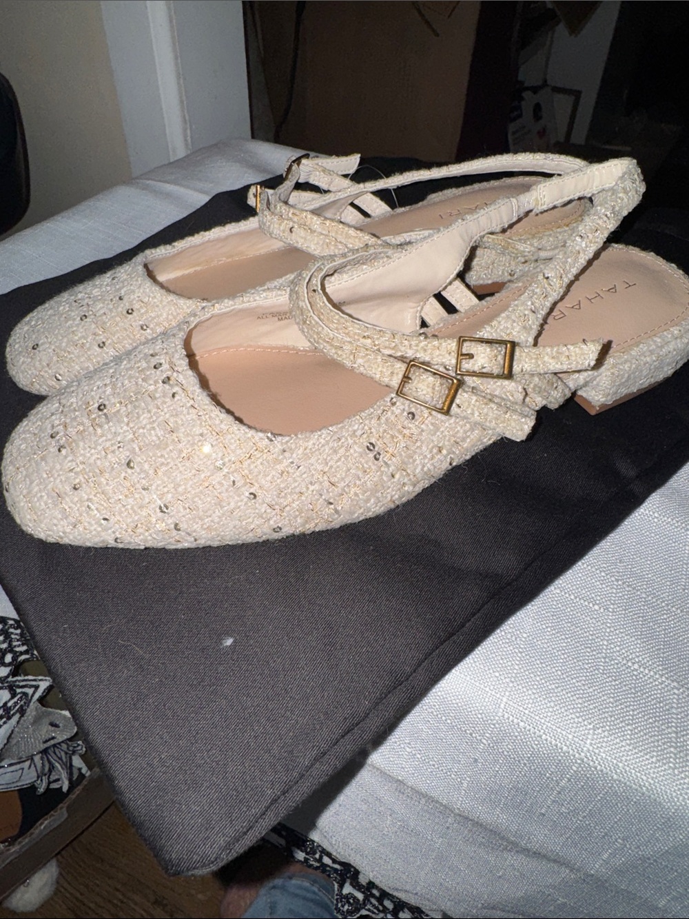 Tahari Beige Tweed Ankle-Strap Mules NEW